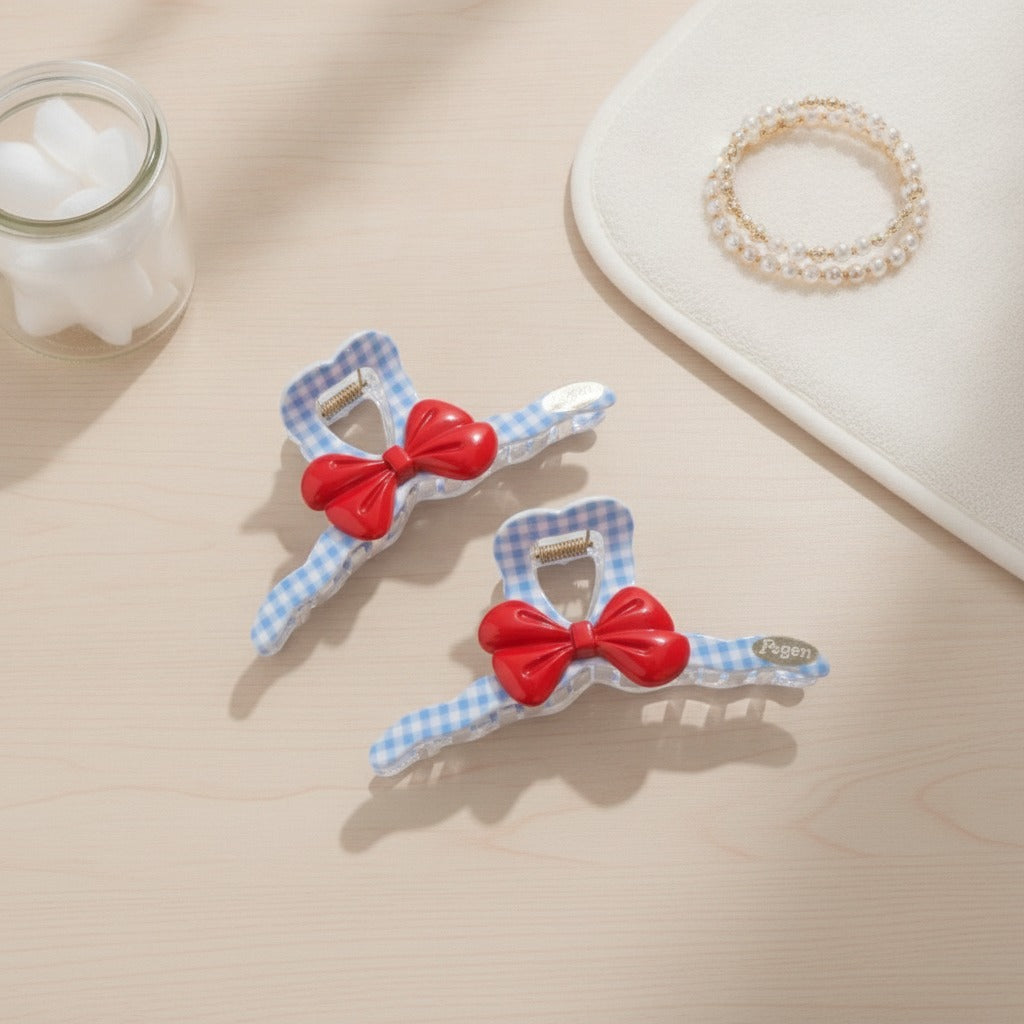 Blue Gingham Hair Claw With Red Bow – hair accessories (view 2)