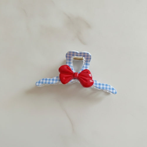 Blue Gingham Hair Claw With Red Bow