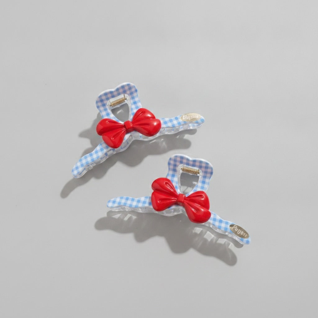 Blue Gingham Hair Claw With Red Bow – hair accessories (view 1)