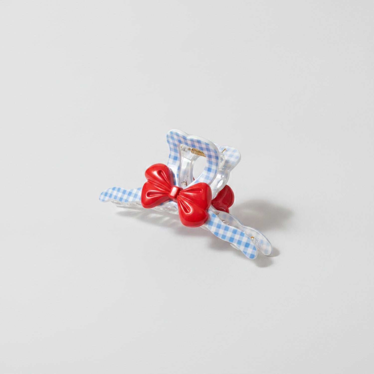 Blue Gingham Hair Claw With Red Bow