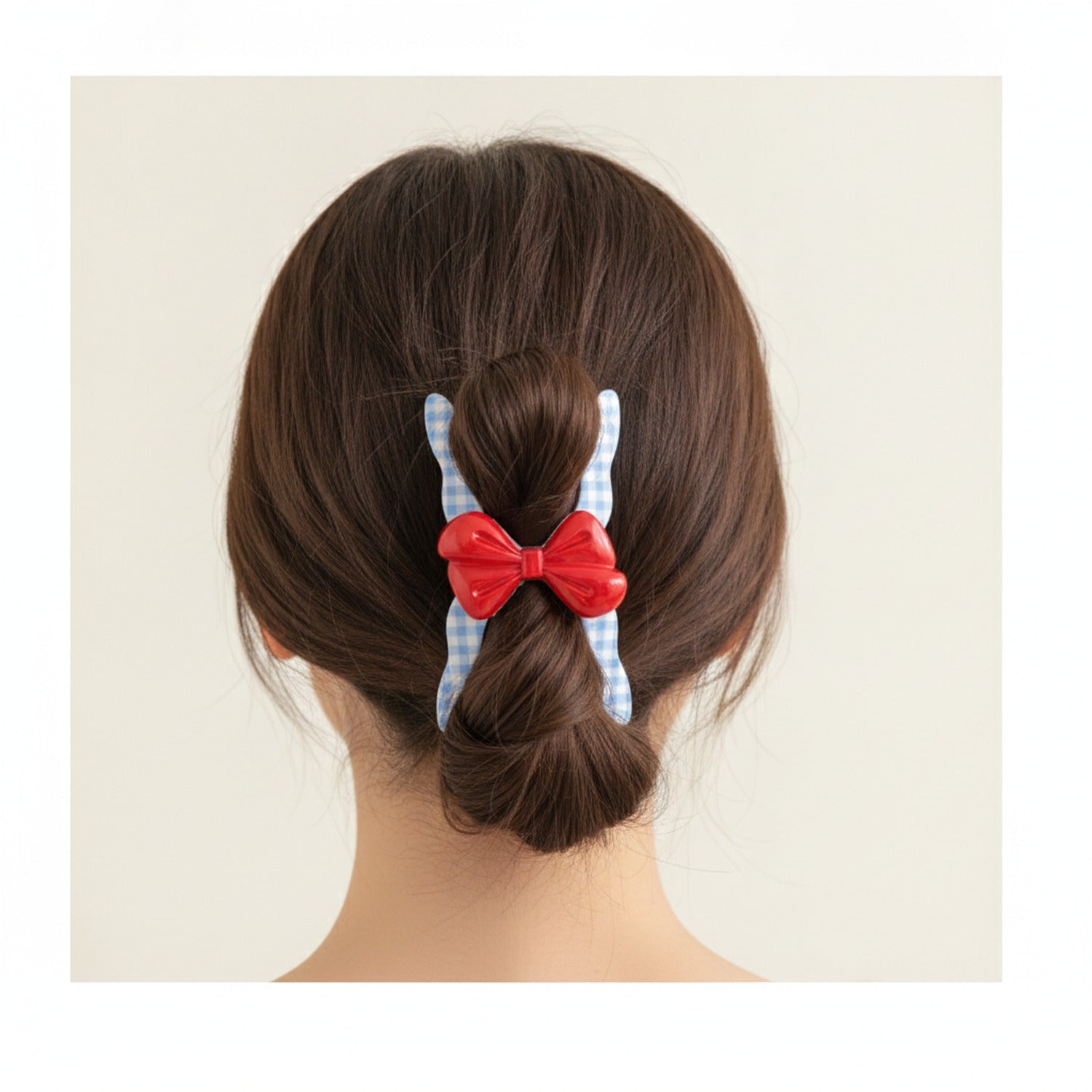 Blue Gingham Hair Claw With Red Bow