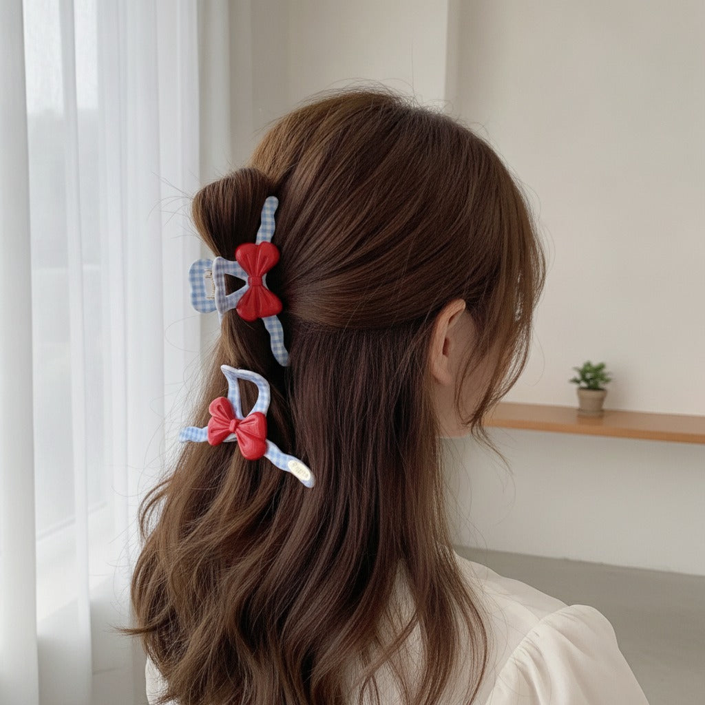 Blue Gingham Hair Claw With Red Bow – hair accessories