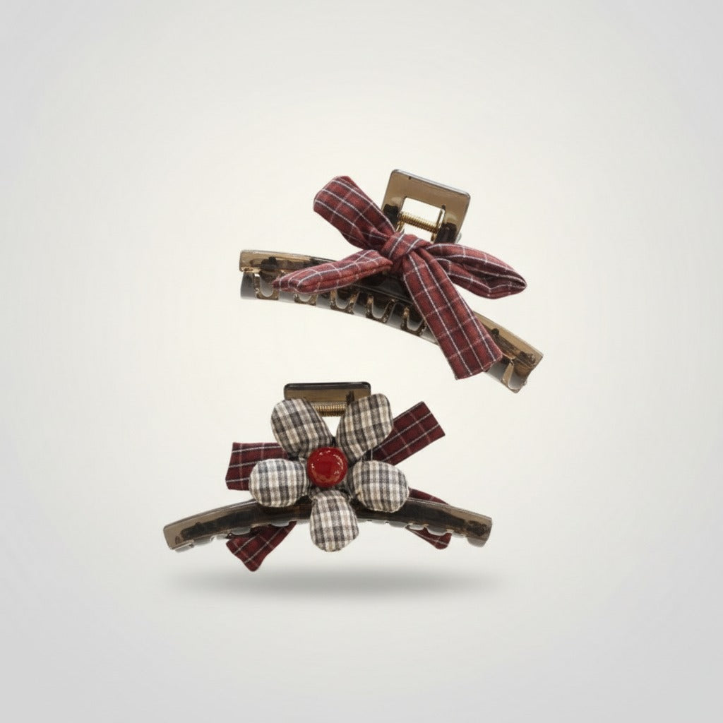 Plaid Bow And Flower Hair Claw Clips – hair accessories (view 1)