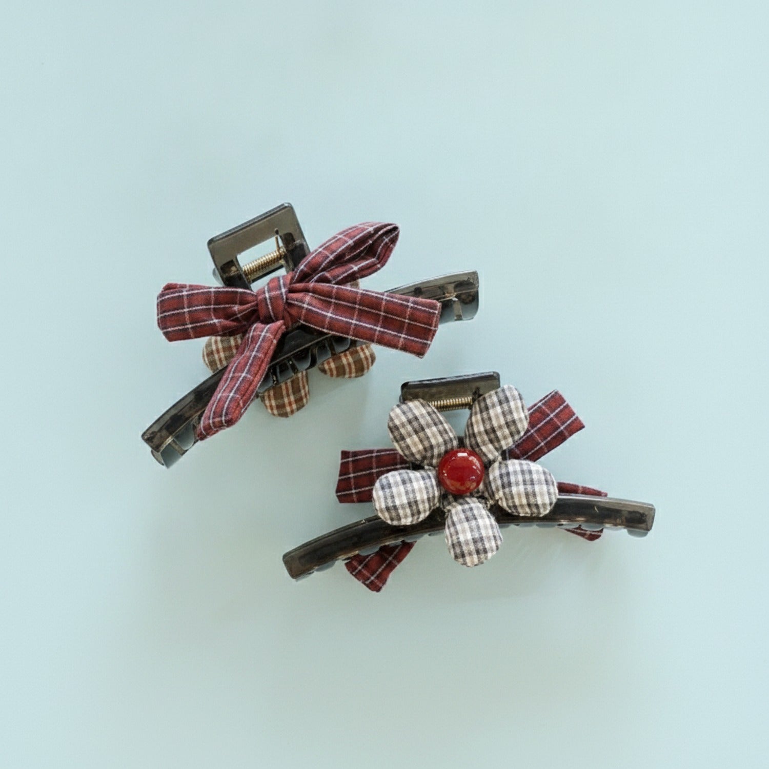 Plaid Fabric Hair Claw Clips With Ribbon Bows