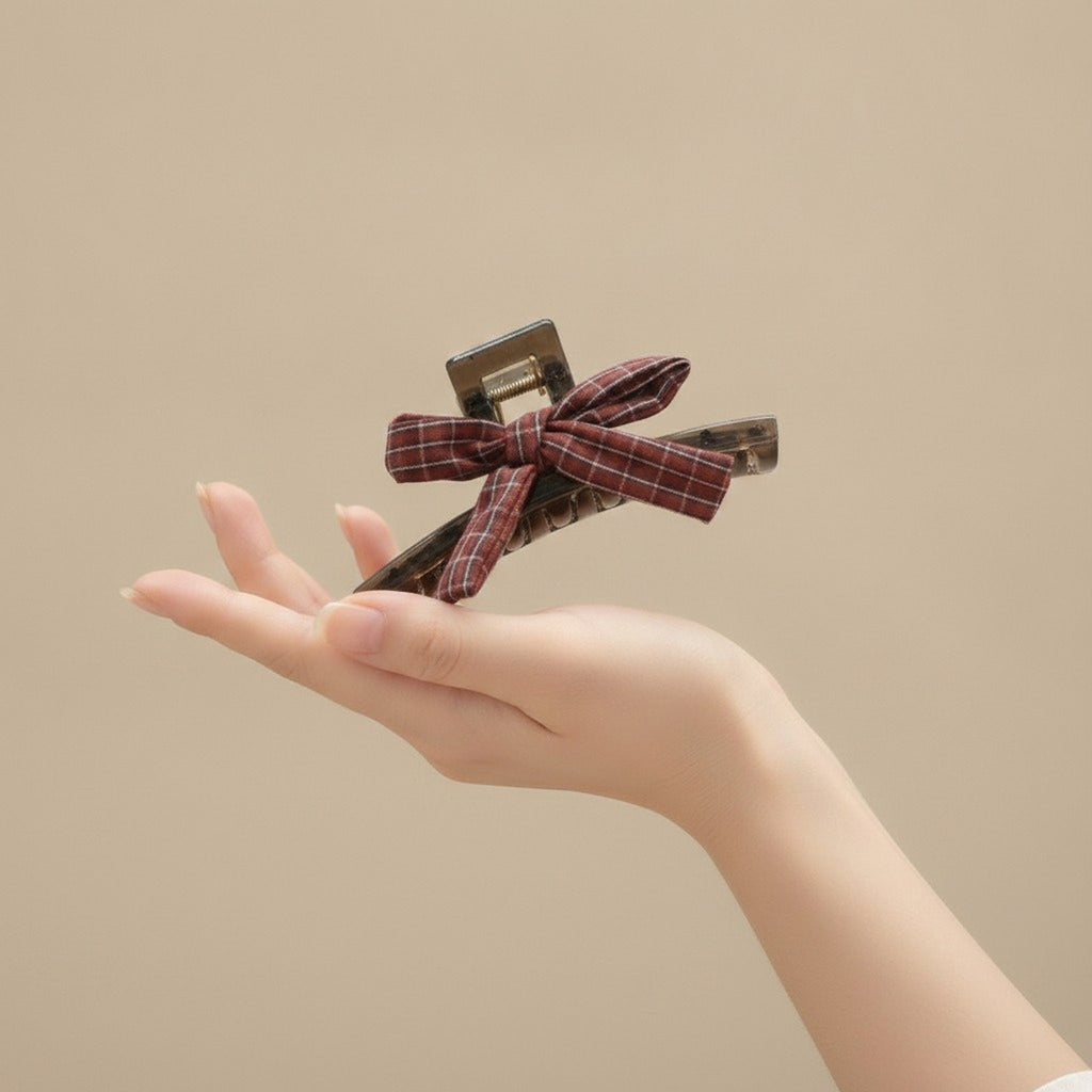 Plaid Bow And Flower Hair Claw Clips – hair accessories (view 6)