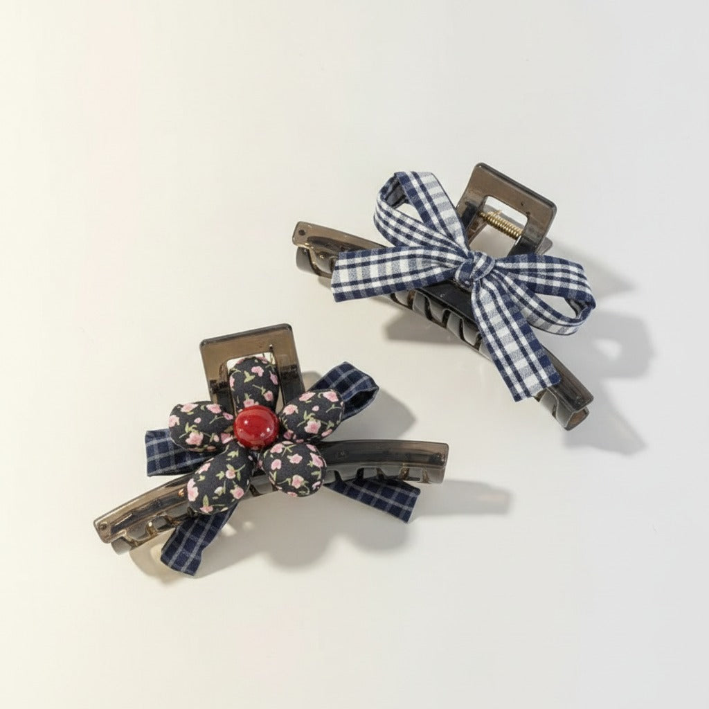 Plaid Bow And Flower Hair Claw Clips – hair accessories (view 2)