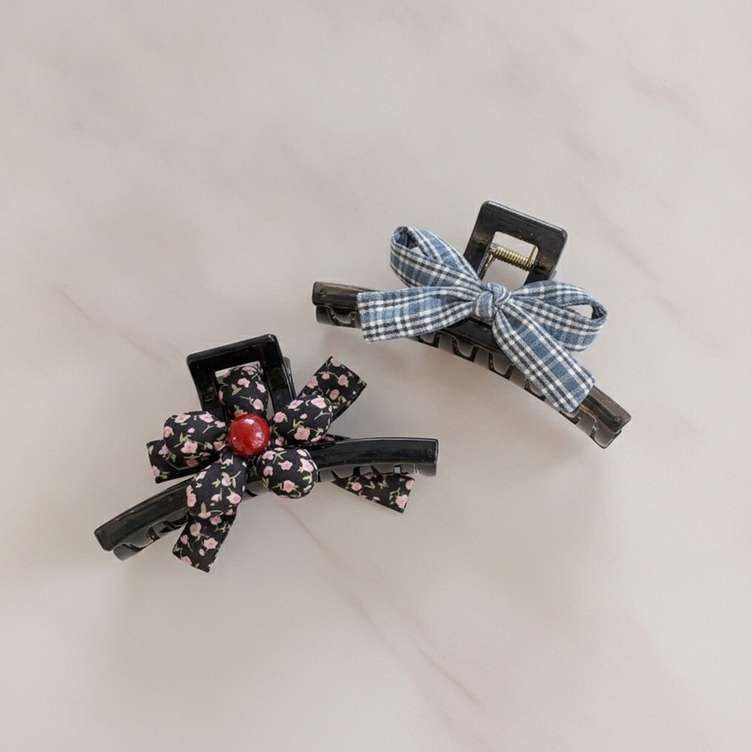 Plaid Bow Hair Claws with Floral Detail