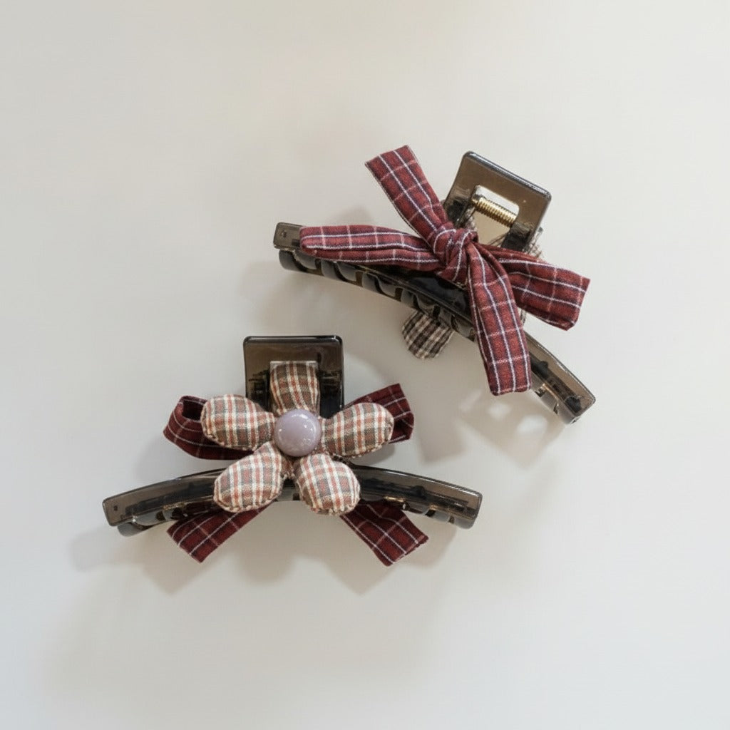 Plaid Bow And Flower Hair Claw Clips – hair accessories (view 3)