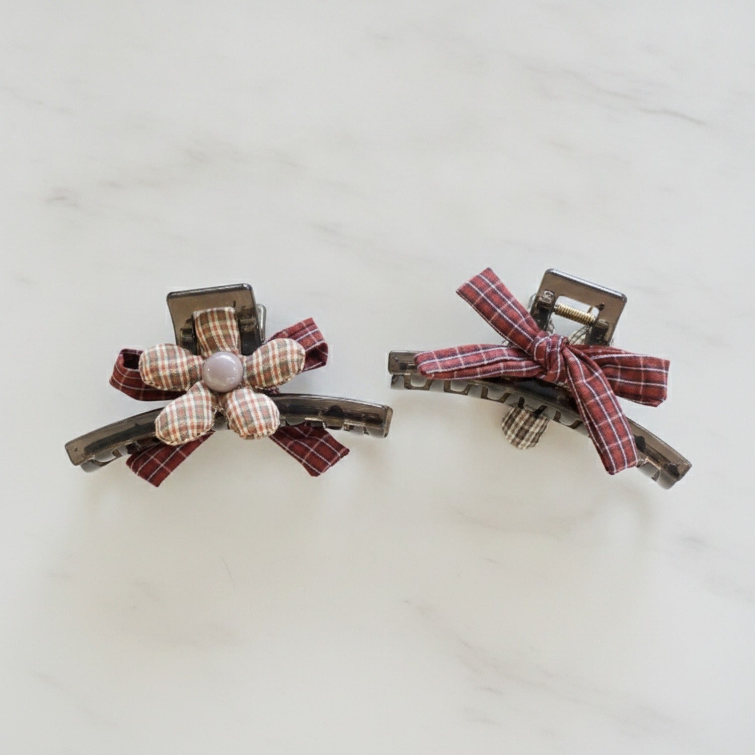 Plaid Hair Claw Clips with Pearl Center Bow