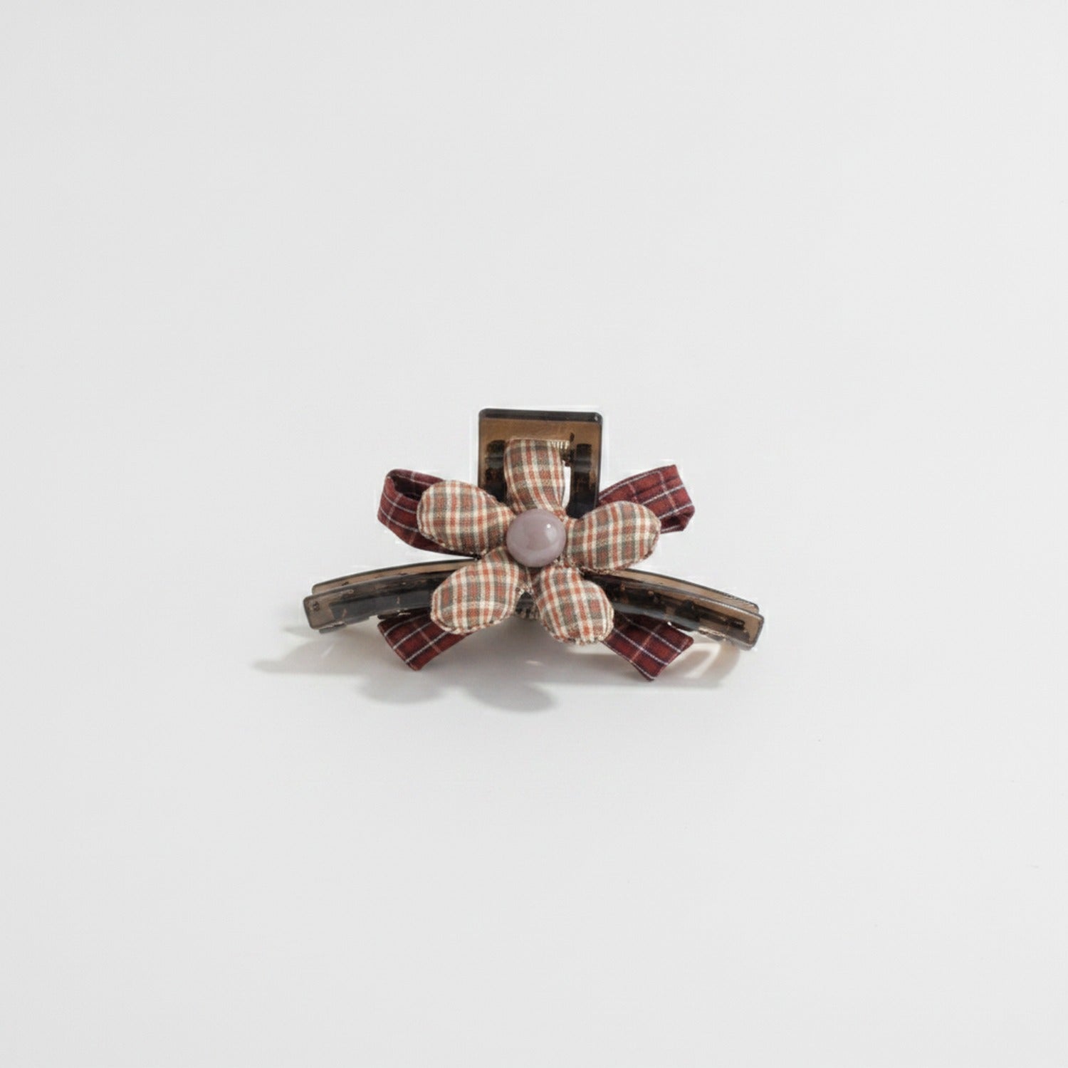 Plaid Hair Claw Clips with Pearl Center Bow