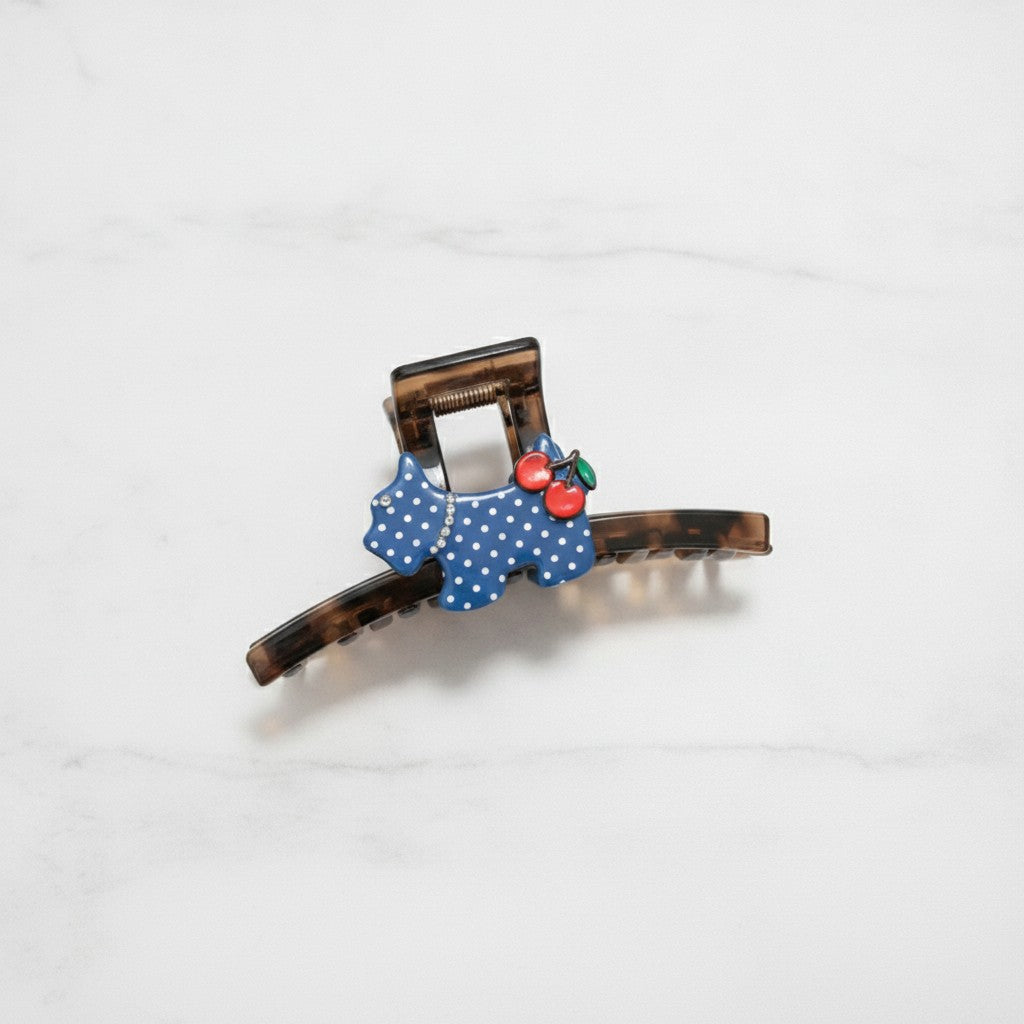 Blue Polka Dot Elephant Hair Claw With Cherry Charm – hair accessories (view 3)