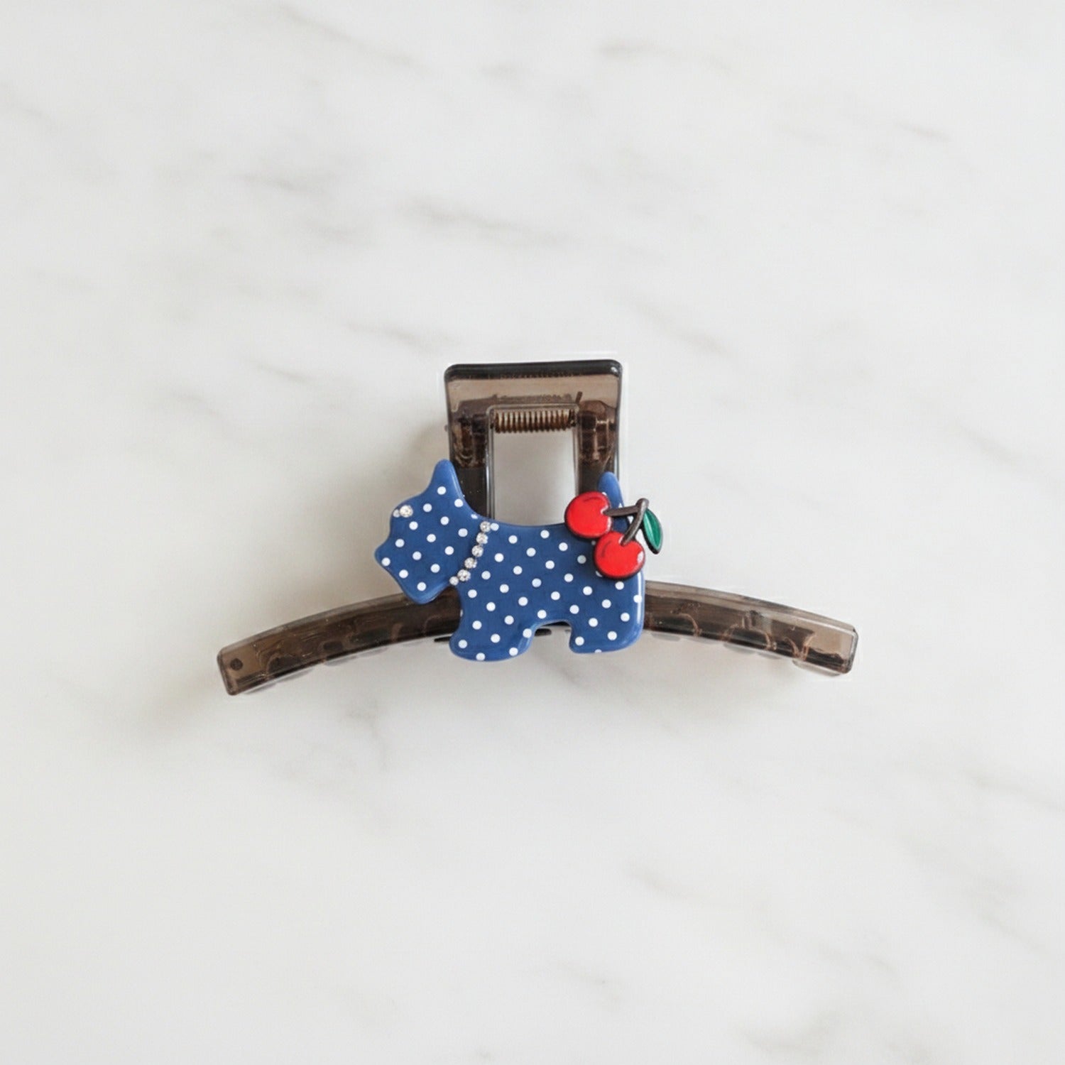 Blue Polka Dot Elephant Hair Claw With Cherry Charm