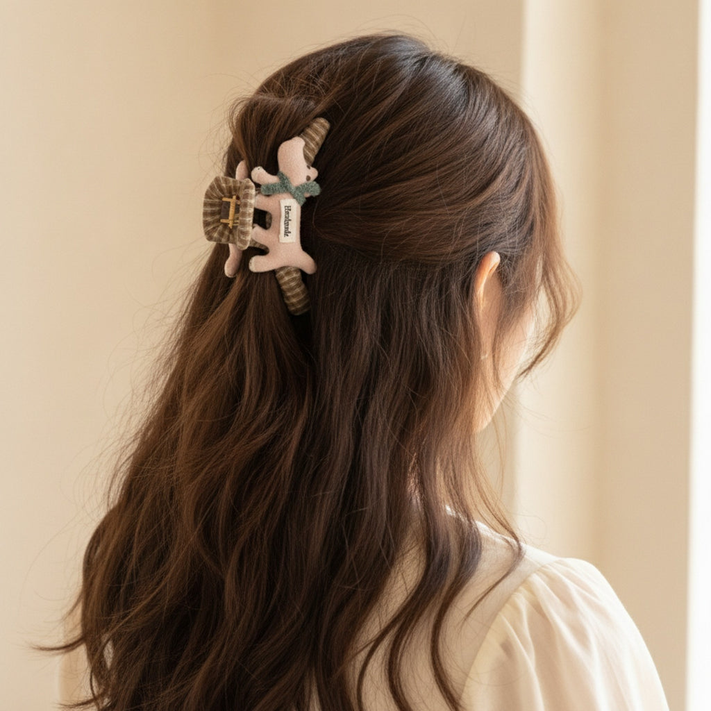 Pink Fuzzy Cat Hair Claw With Ribbon Bow – hair accessories (view 3)