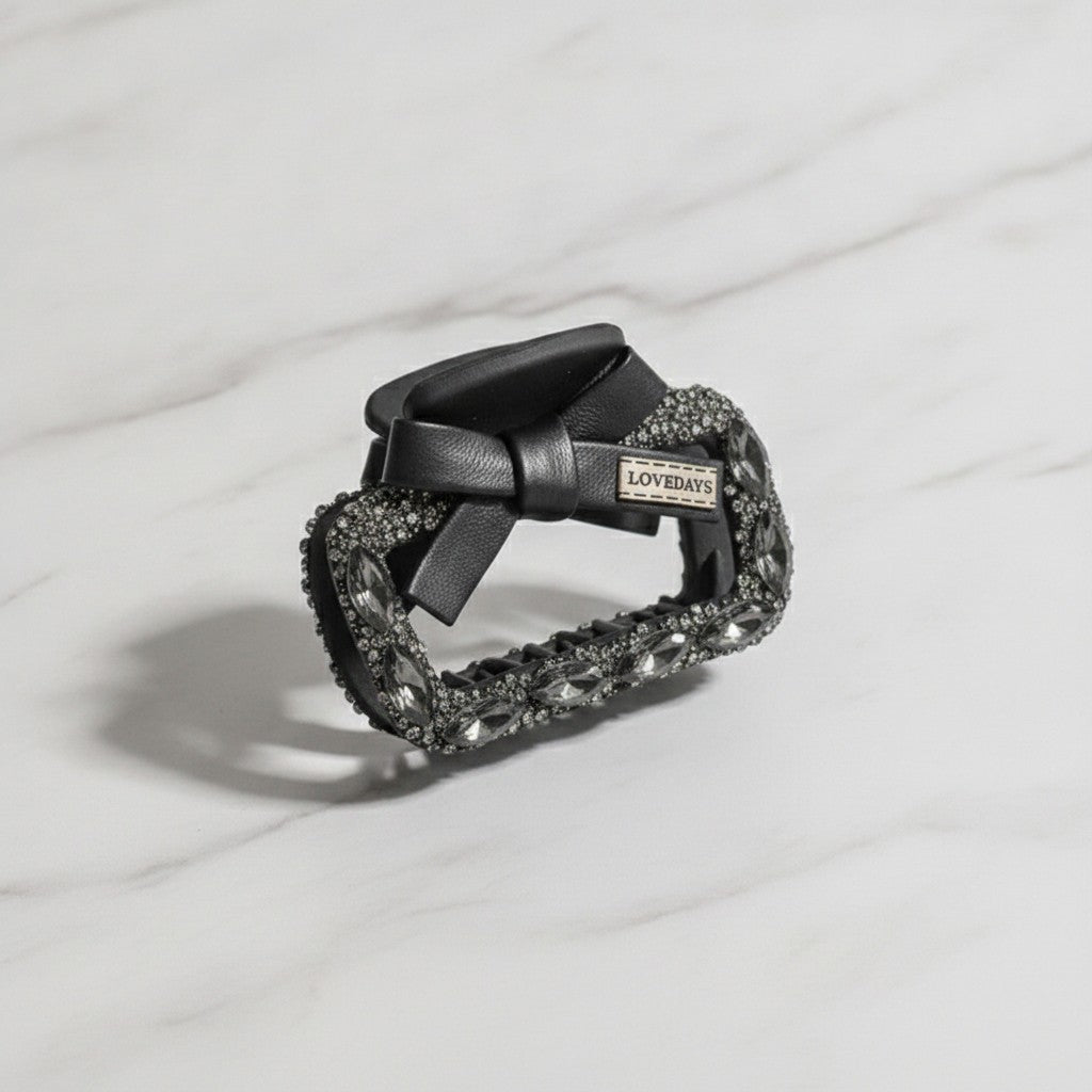 Rhinestone Studded Leather Hair Claw - Black Square Clip – hair accessories (view 3)