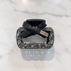 Rhinestone Studded Leather Hair Claw - Black Square Clip