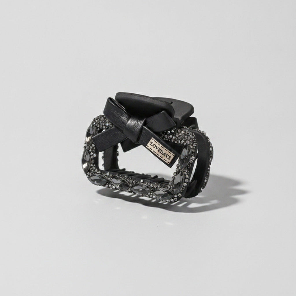 Rhinestone Studded Leather Hair Claw - Black Square Clip