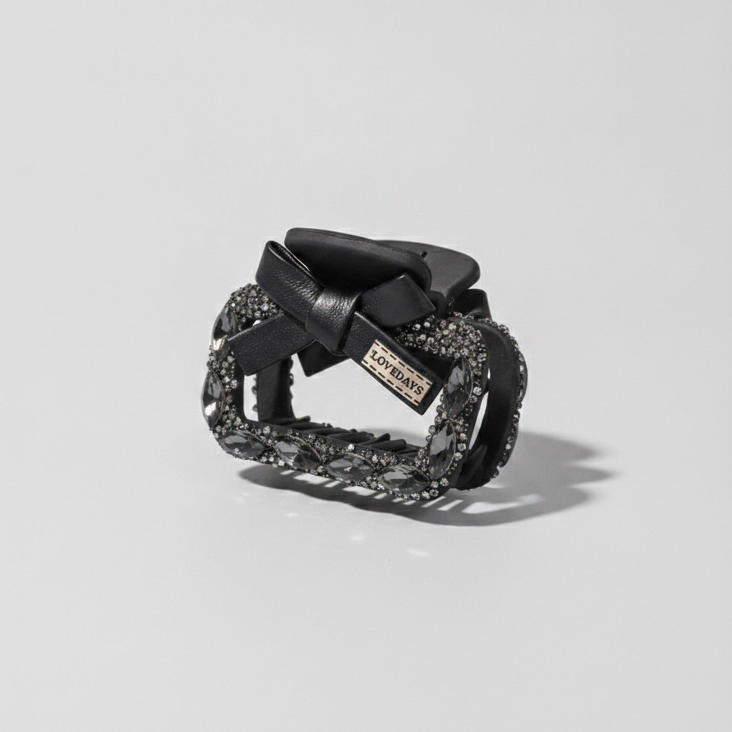 Rhinestone Studded Leather Hair Claw - Black Square Clip