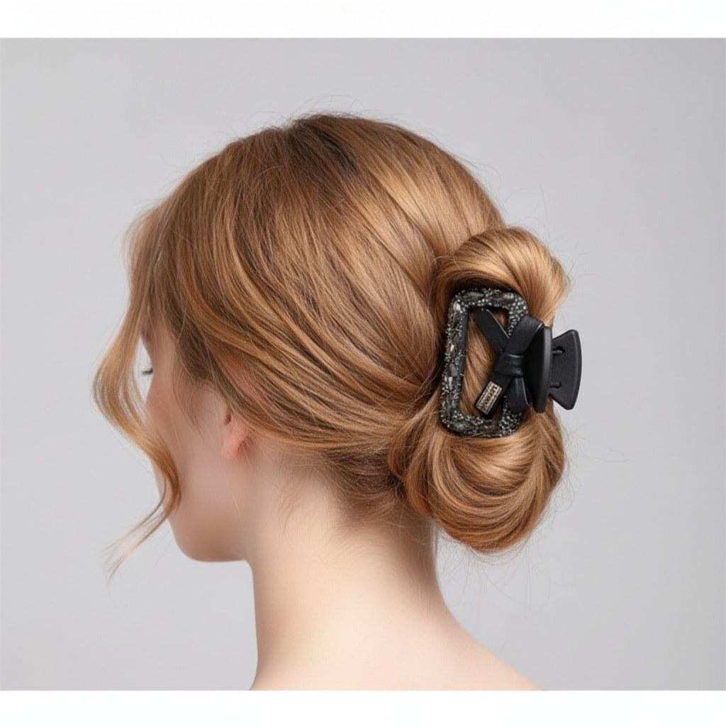 Rhinestone Studded Leather Hair Claw - Black Square Clip