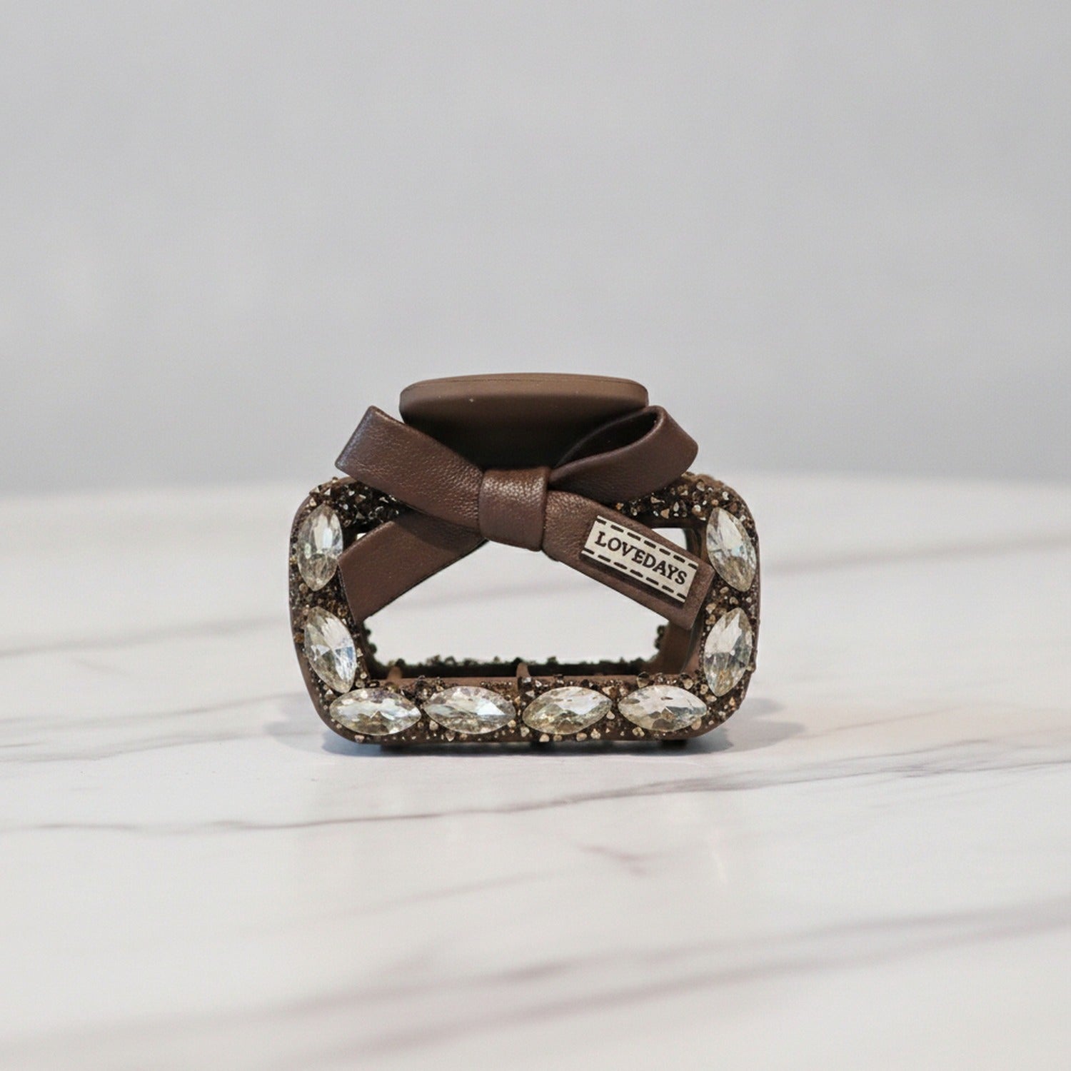 Rhinestone Studded Leather Hair Claw - Small Square Clip - Coffee