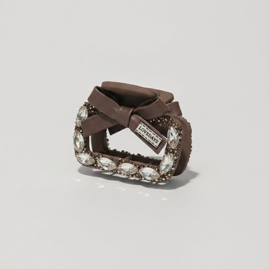 Rhinestone Studded Leather Hair Claw - Small Square Clip - Coffee