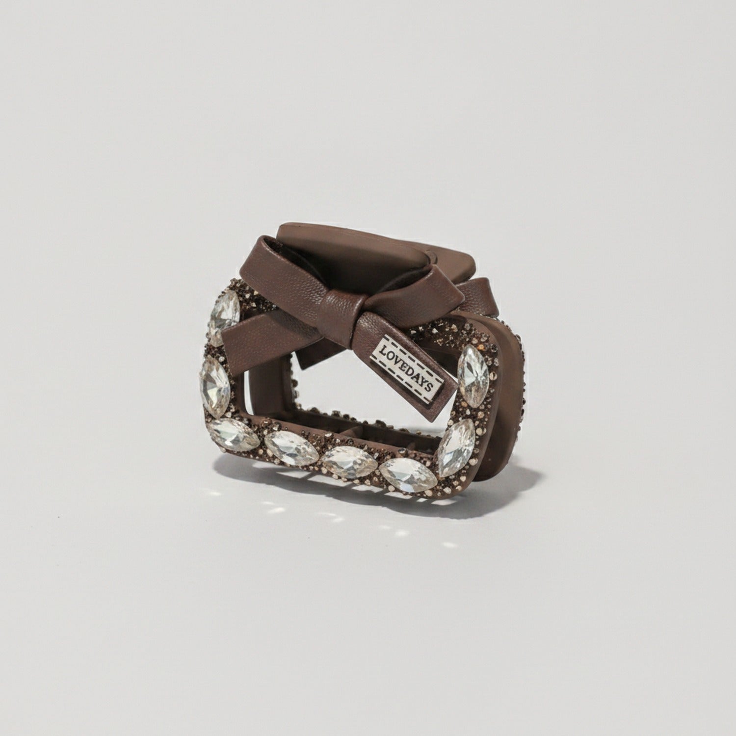 Rhinestone Studded Leather Hair Claw - Small Square Clip - Coffee