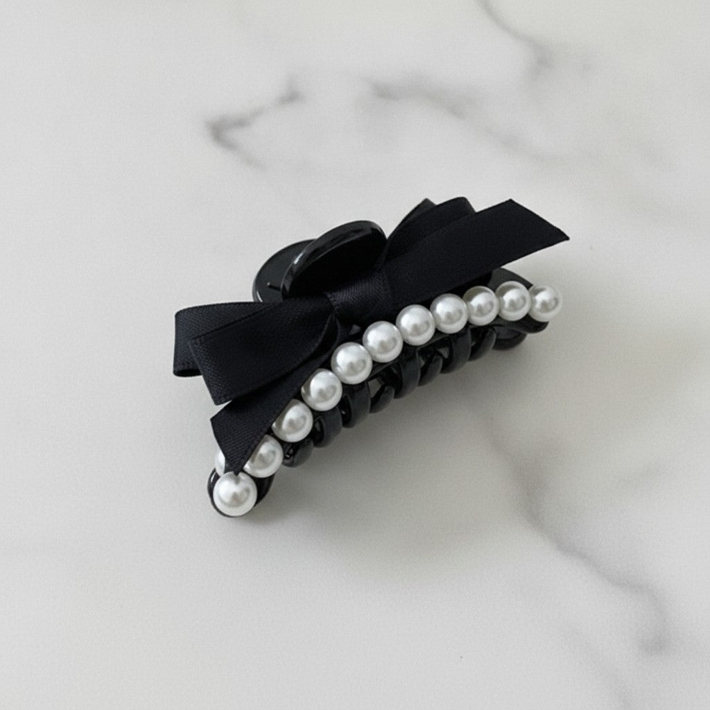 Black Pearl Beaded Hair Claw Clip With Bow – hair accessories (view 3)