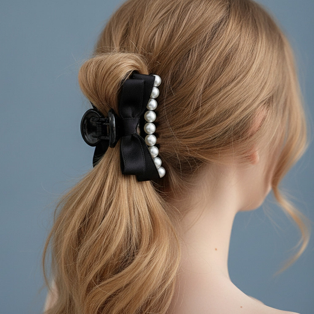 Black Pearl Beaded Hair Claw Clip With Bow – hair accessories (view 2)