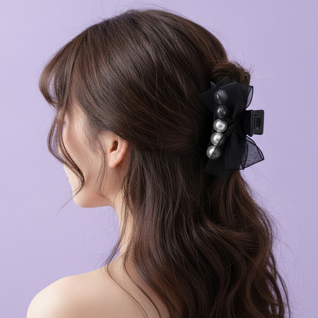 Black Pearl Bow Hair Claw Clip – hair accessories (view 2)