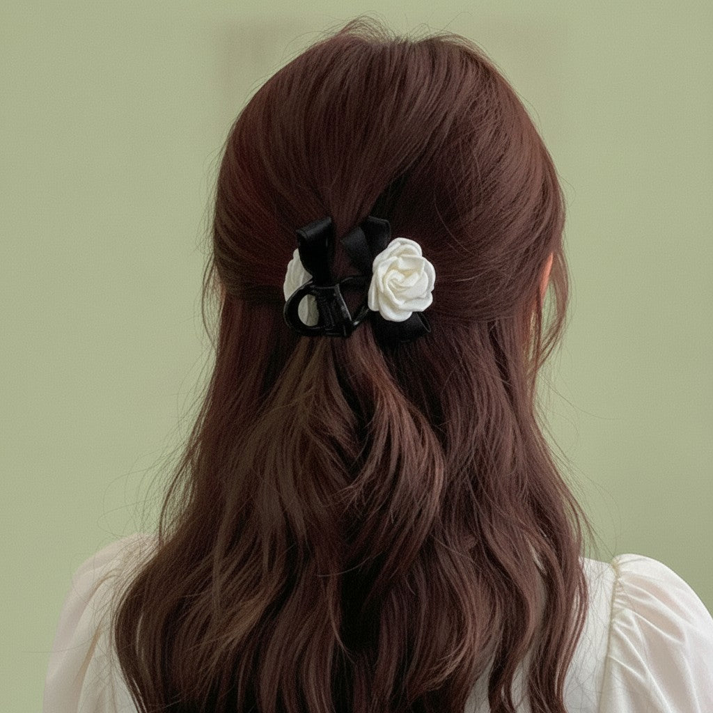 White Rose Black Bow Hair Claw Clip