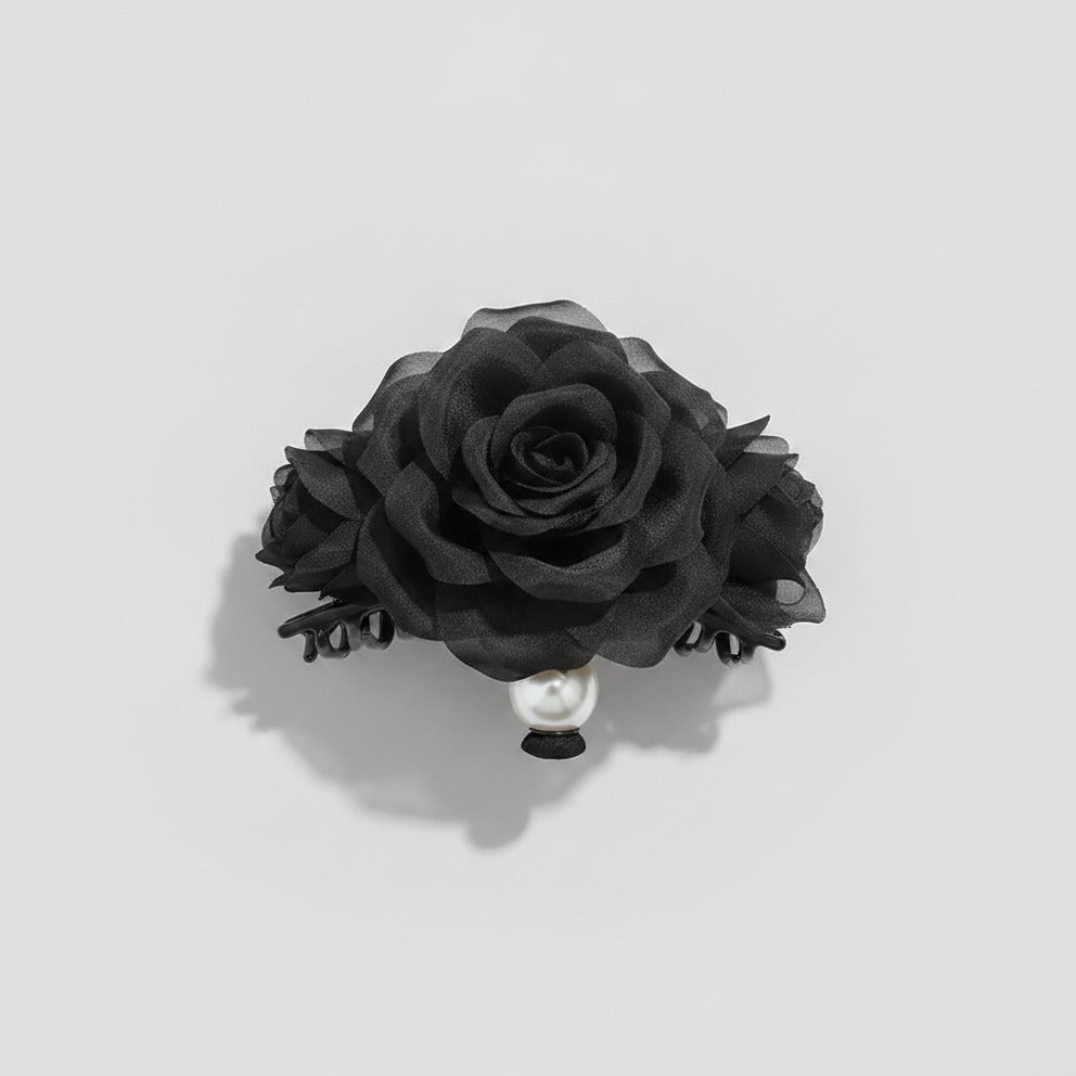 Black Mesh Flower Hair Claw Pearl Charm – hair accessories (view 1)