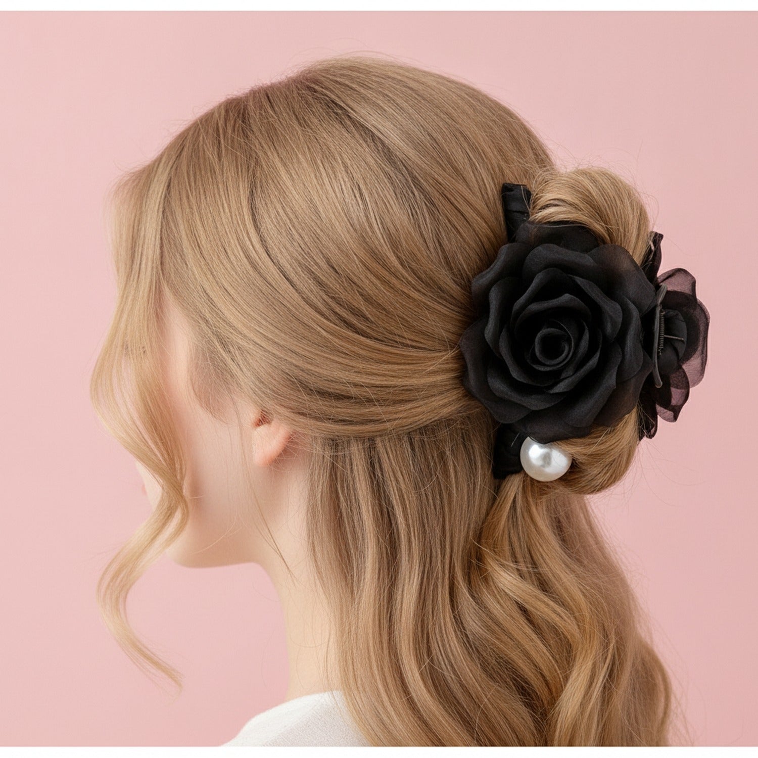 Black Mesh Flower Hair Claw Pearl Charm