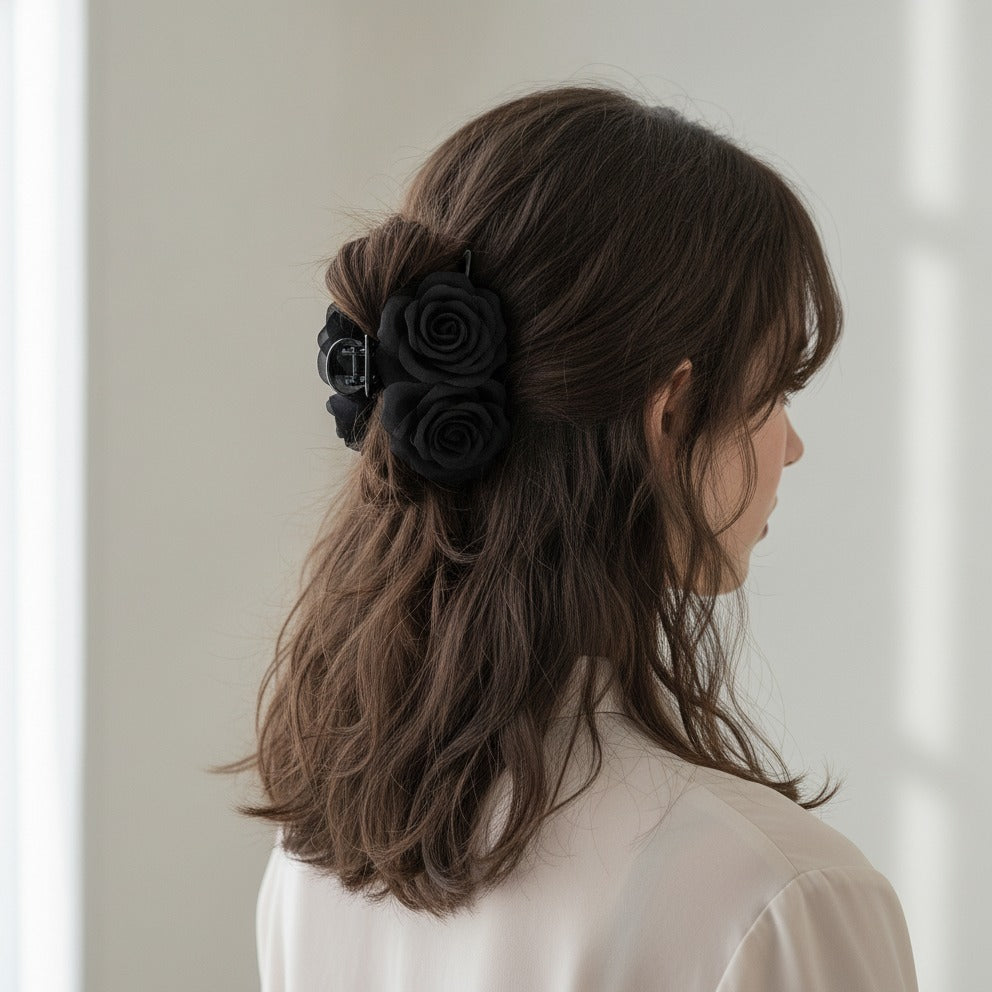 Black Mesh Flower Hair Claw Pearl Charm – hair accessories (view 3)