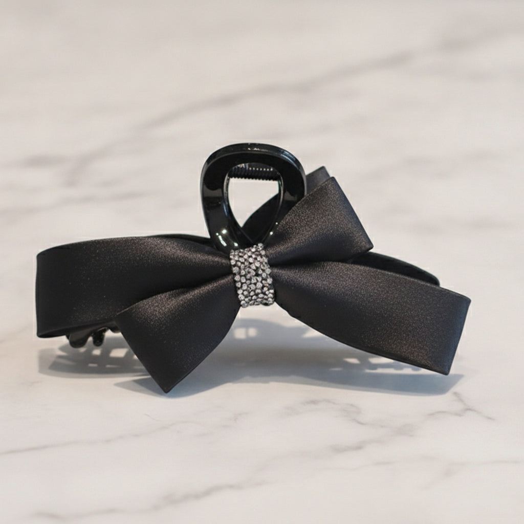 Black Satin Bow Hair Claw with Rhinestones – hair accessories (view 2)