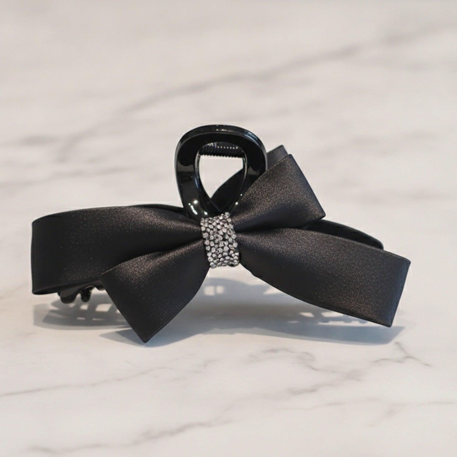 Black Satin Bow Hair Claw with Rhinestones