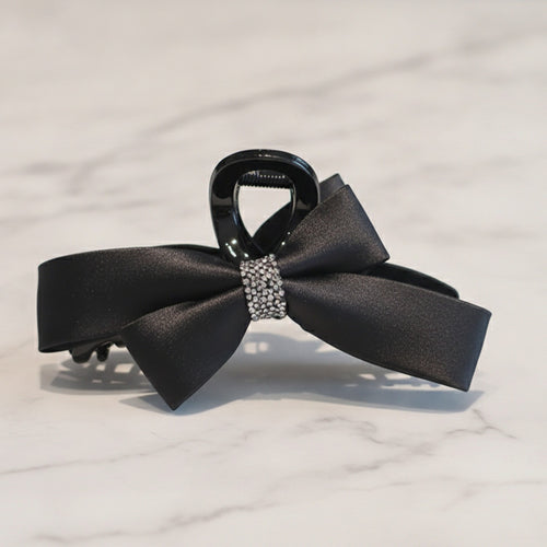 Black Satin Bow Hair Claw with Rhinestones