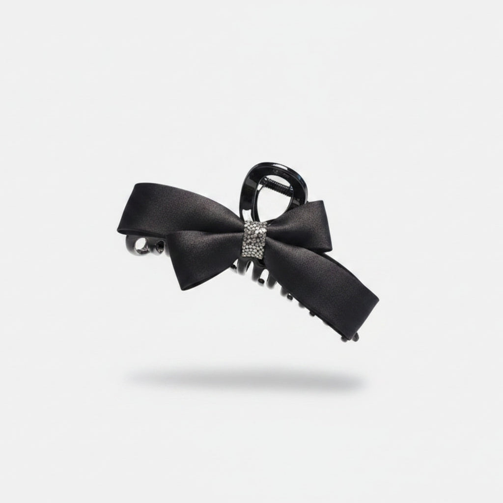Black Satin Bow Hair Claw with Rhinestones – hair accessories (view 1)