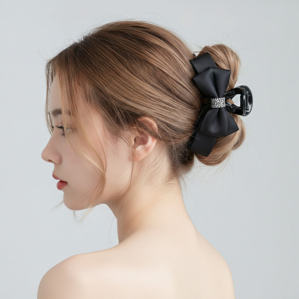 Black Satin Bow Hair Claw with Rhinestones – hair accessories (view 3)