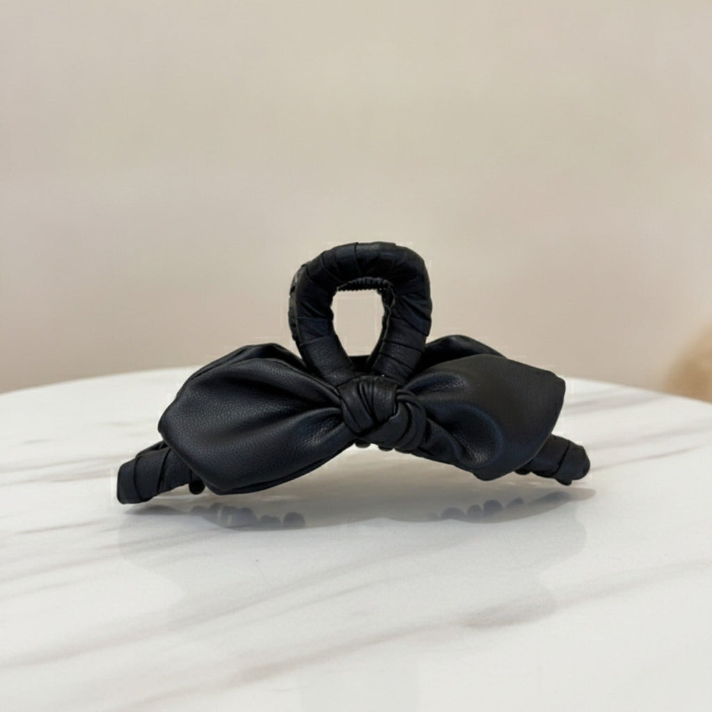 Black Leather Bow Hair Claw Clip - Black Leather Butterfly Hair Clip