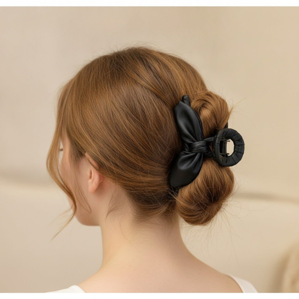 Black Leather Bow Hair Claw Clip - Black Leather Butterfly Hair Clip