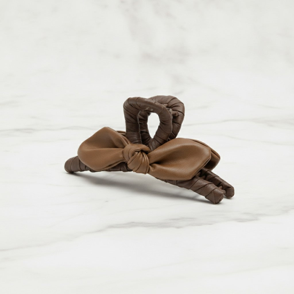 Leather Bow Hair Claw Clip - Brown Leather Butterfly Hair Clip – hair accessories (view 2)