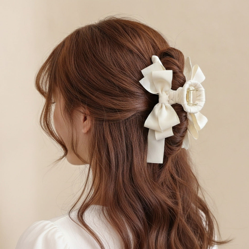 Satin Bow Hair Claw Clip - Cream
