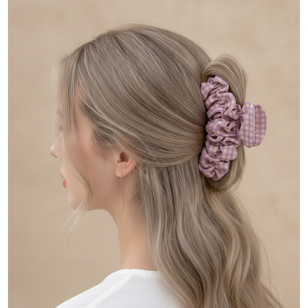 Ruched Hair Claw Clip - Pink Purple Plaid Claw Clip