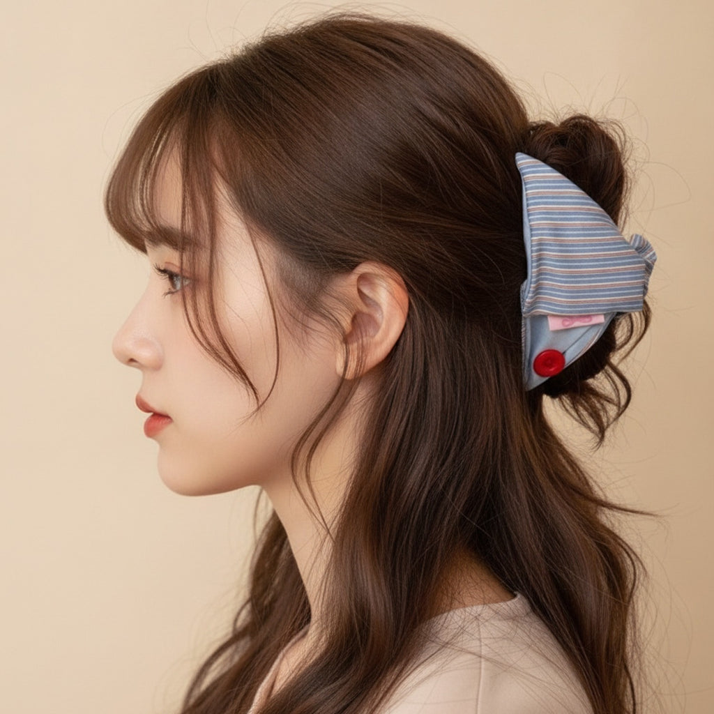 Striped Blue Hair Claw With Red Button Detail – hair accessories (view 2)