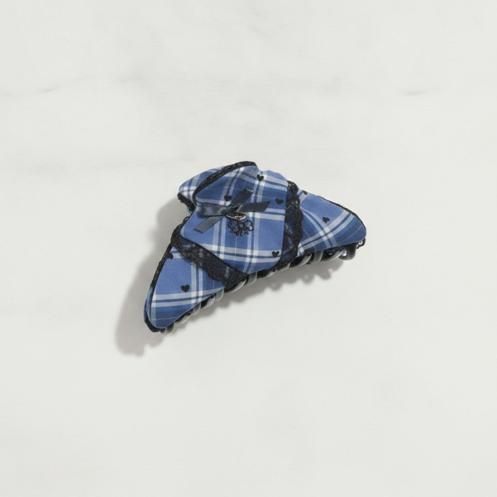 Blue Plaid Hair Claw With Black Lace Trim – hair accessories (view 3)