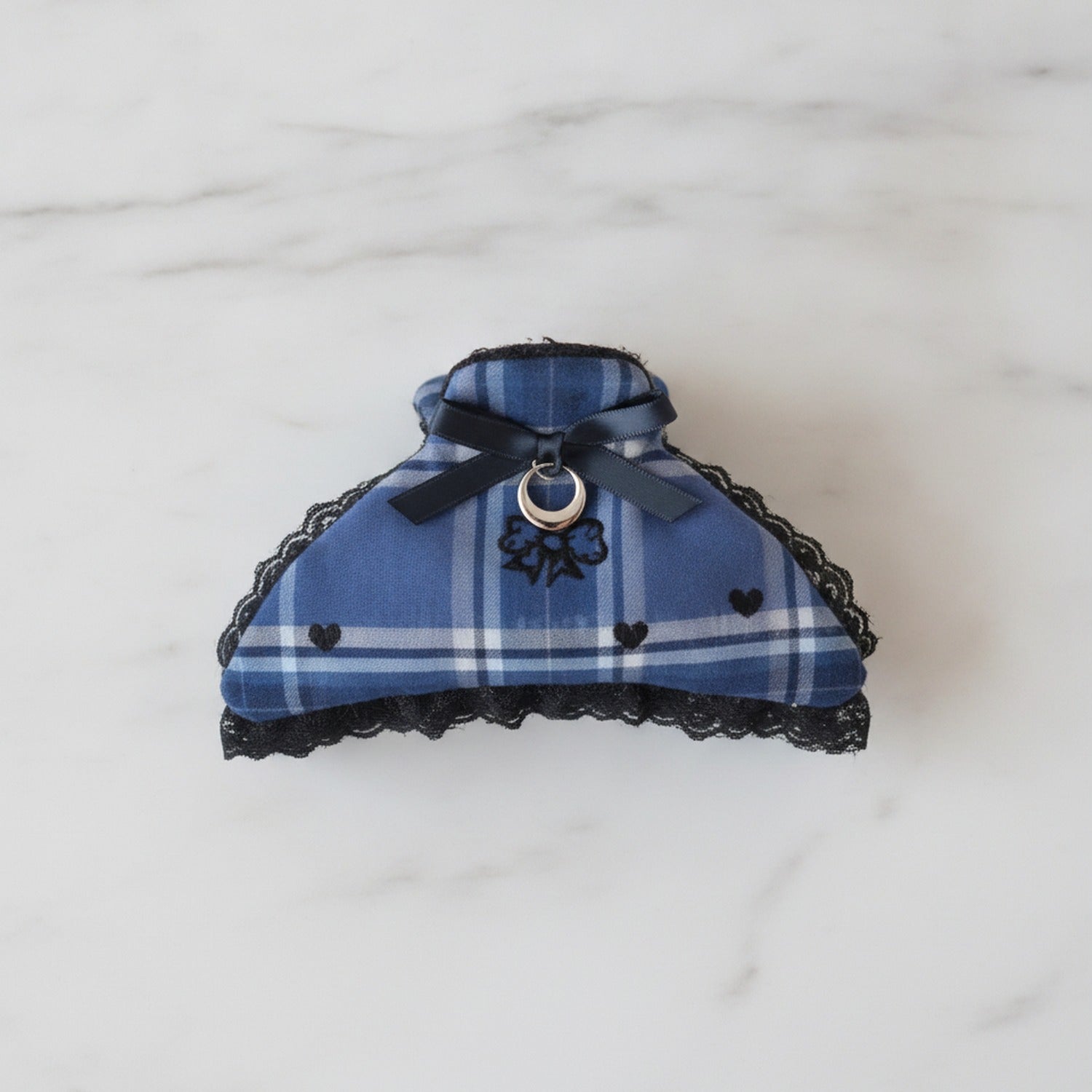 Blue Plaid Hair Claw With Black Lace Trim