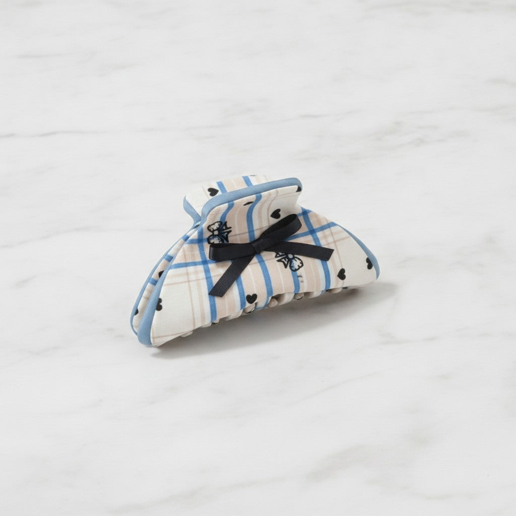 Blue Plaid Heart Bow Hair Claw