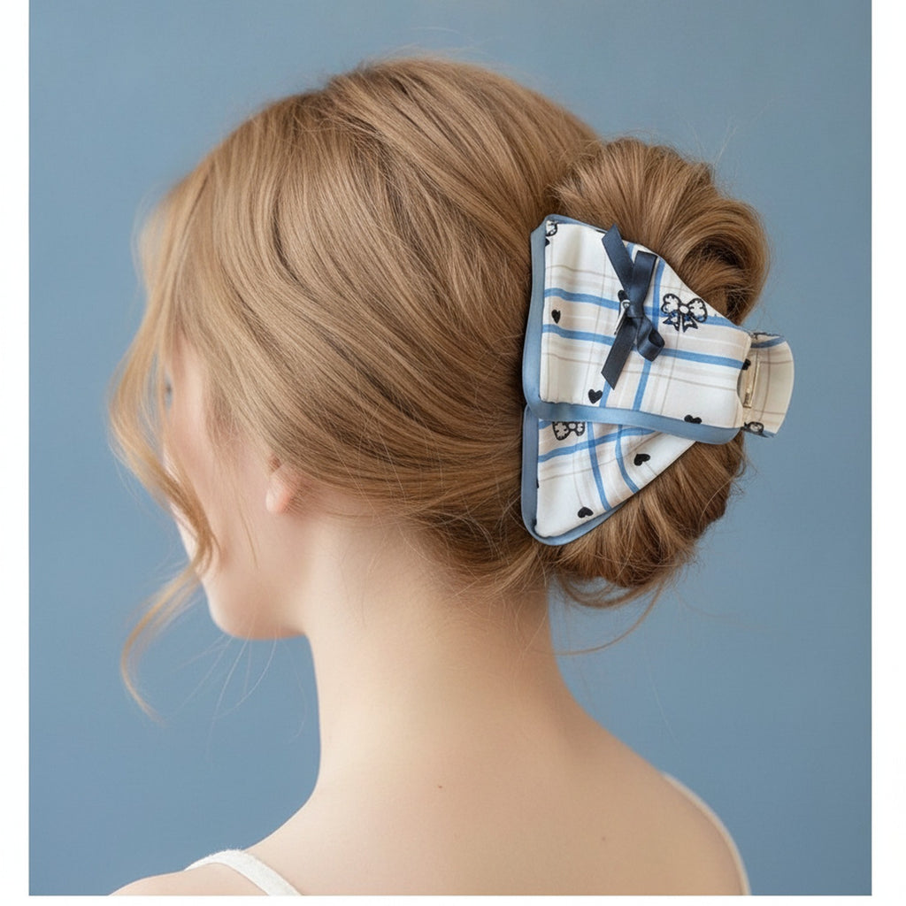 Blue Plaid Heart Bow Hair Claw – hair accessories (view 2)