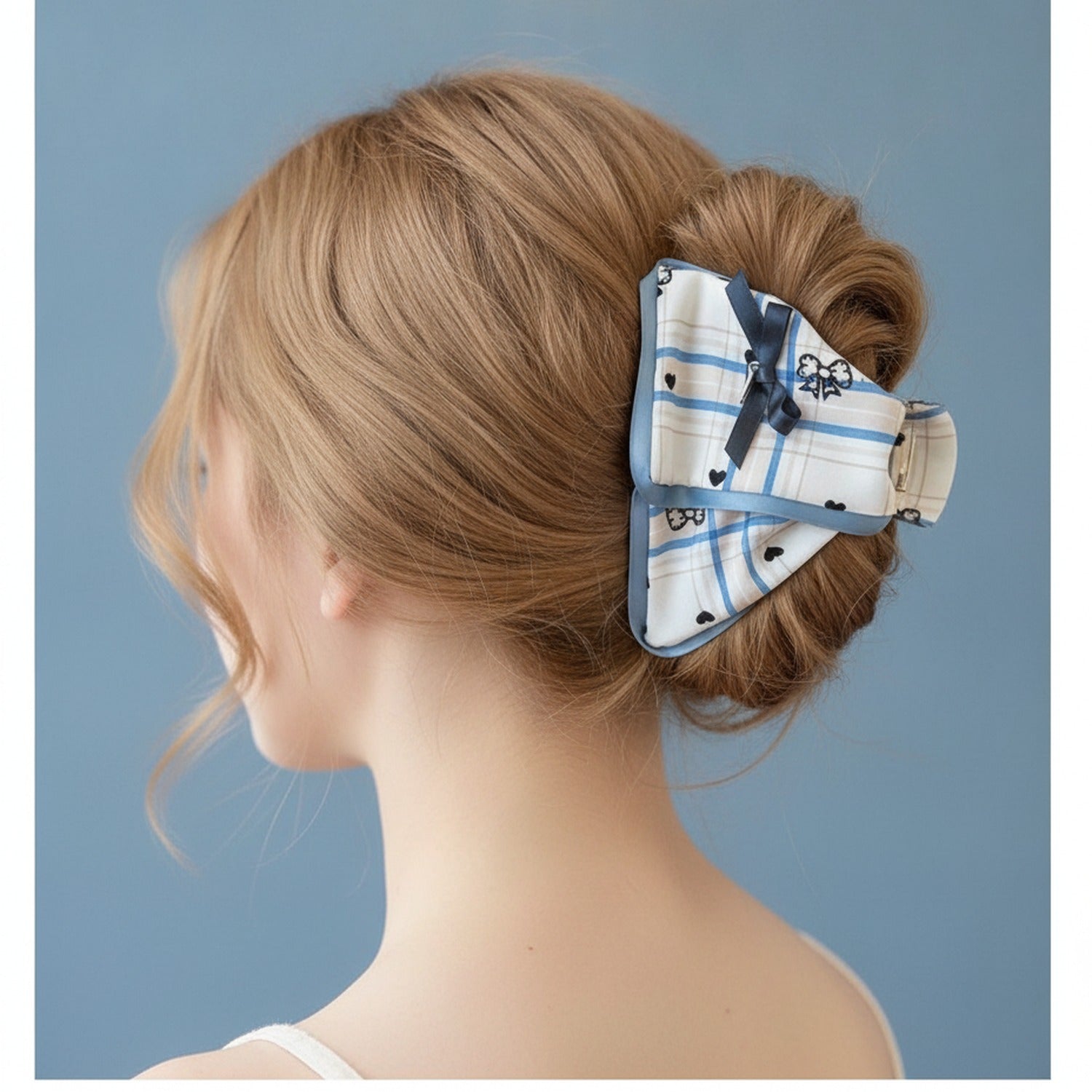 Blue Plaid Heart Bow Hair Claw
