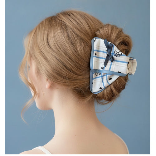 Blue Plaid Heart Bow Hair Claw