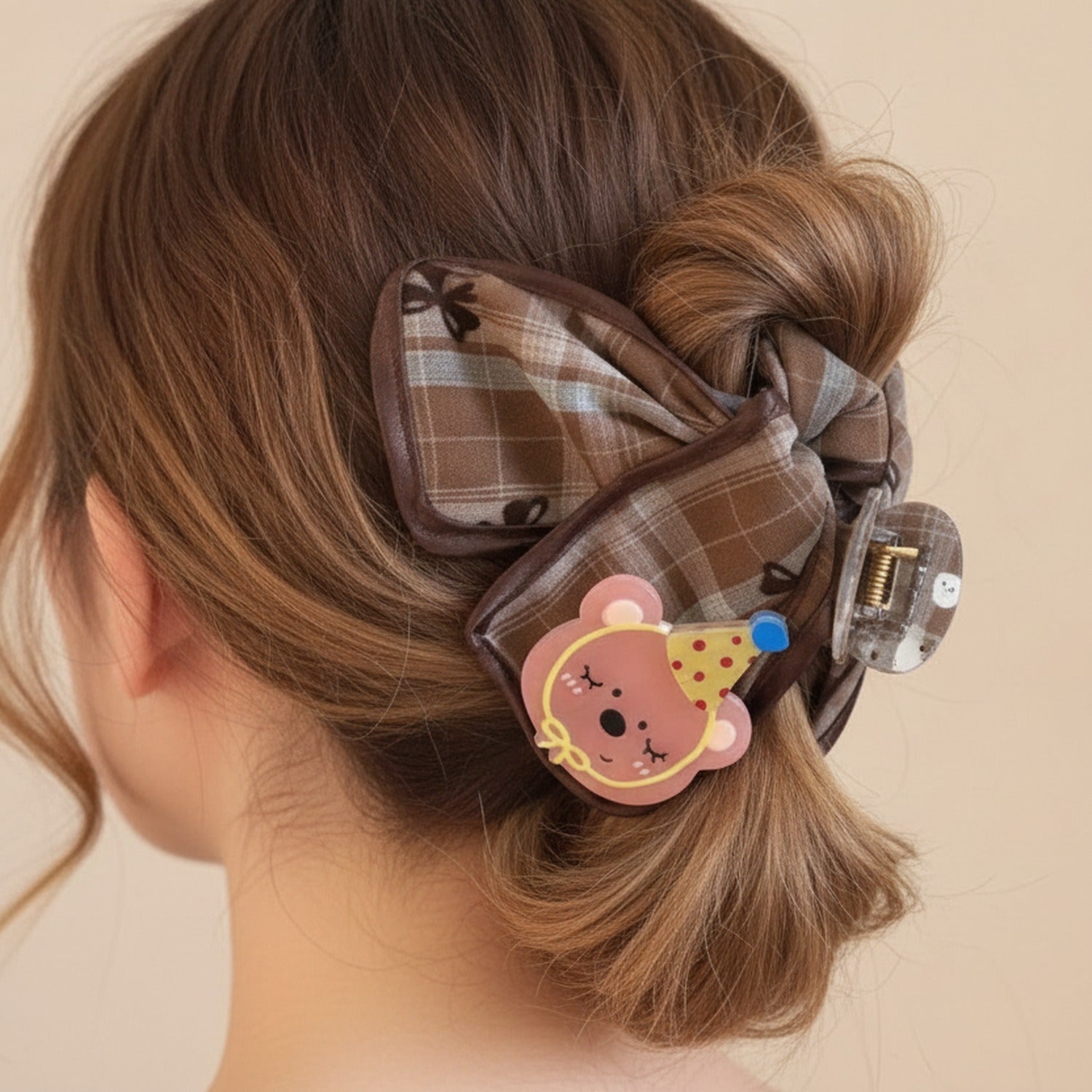 Brown Plaid Bear Party Hair Claw Clip